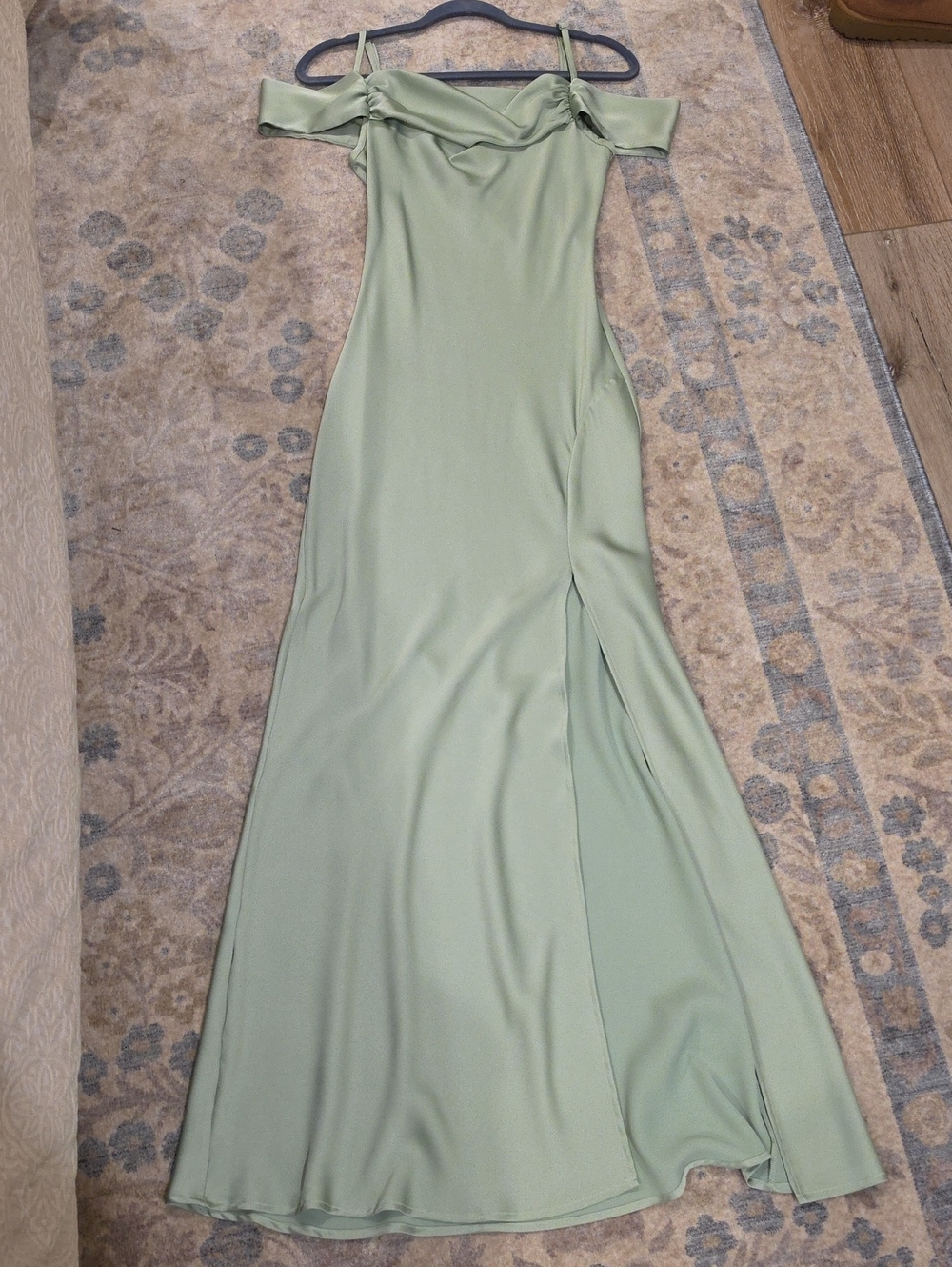Satin Off-Shoulder Maxi Dress in Sage Green